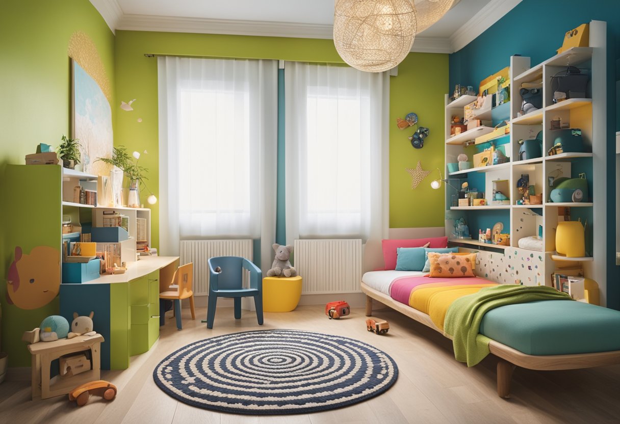 Ein verspieltes und farbenfrohes Kinderzimmer mit einer Mischung aus modernen und traditionellen Designelementen, einschließlich einer gemütlichen Leseecke, fantasievollen Wandaufklebern und viel Stauraum für Spielzeug und Bücher.