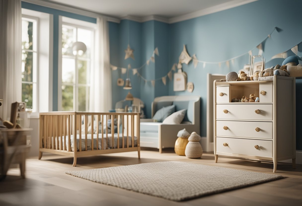 Eine historische Zeitleiste der Kinderzimmerdekoration, von traditionell bis modern, mit Elementen wie Spielzeug, Möbeln und Technologie.