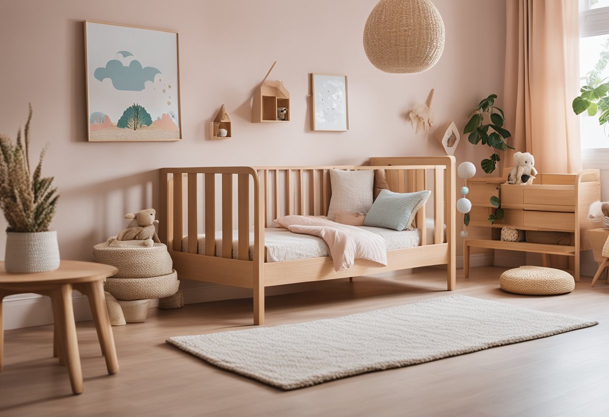 Ein gemütliches Kinderzimmer mit Pastellfarben und natürlichen Materialien, ausgestattet mit einem weichen Teppich, Holzmöbeln und verspielter Wandkunst.