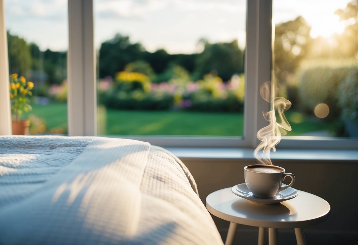 Eine ruhige Morgenroutine: ein sonnendurchflutetes Schlafzimmer mit einem ordentlich gemachten Bett, einer dampfenden Tasse Kaffee auf einem Nachttisch und einem Fenster mit Blick auf einen friedlichen Garten