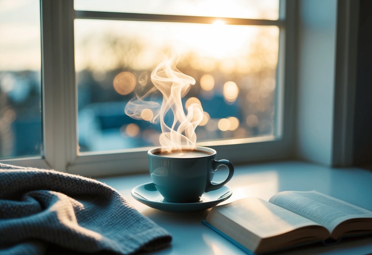 Eine friedliche Morgenstimmung mit einer dampfenden Tasse Kaffee, einer gemütlichen Decke und einem Buch an einem sonnendurchfluteten Fenster