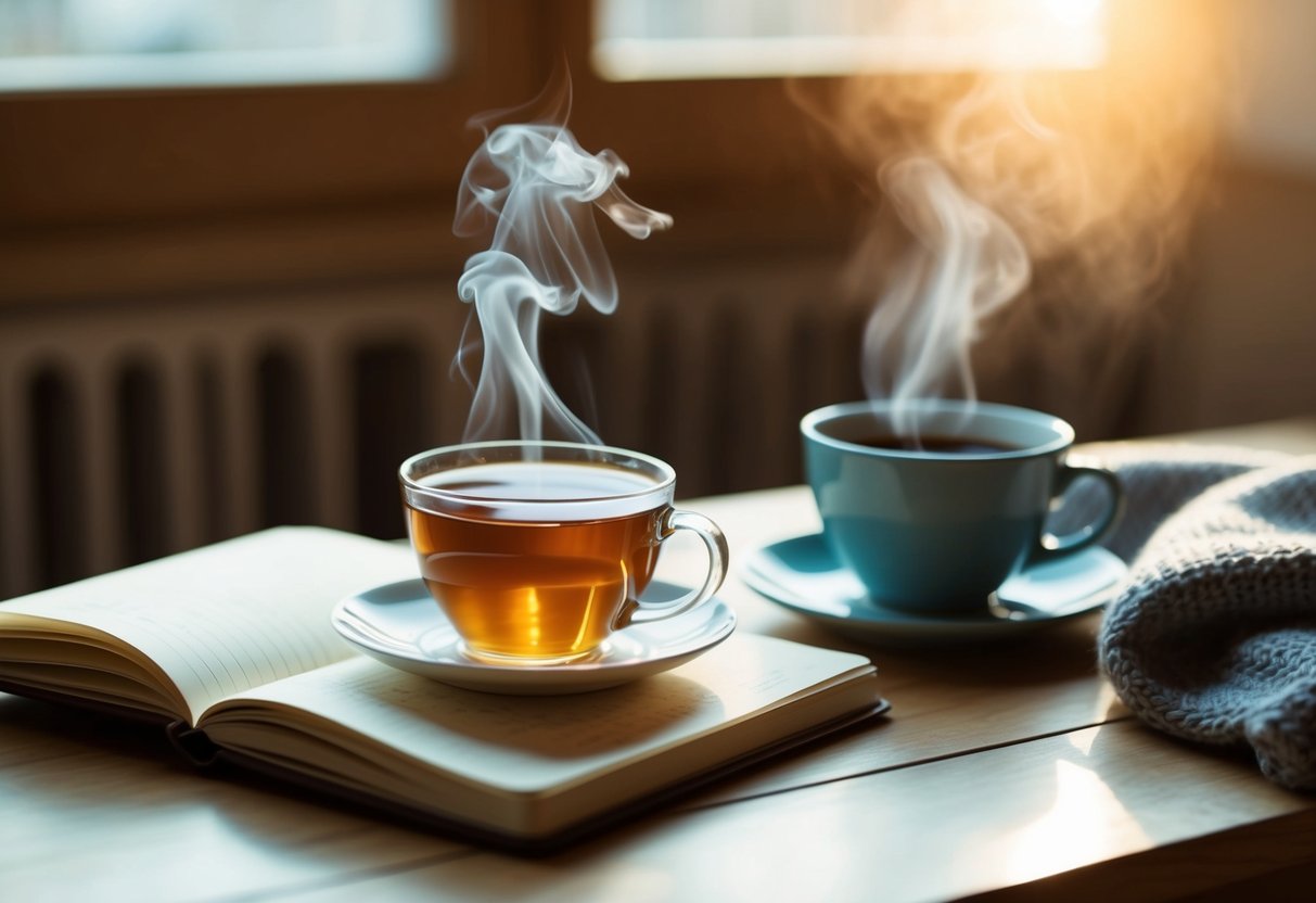 Eine ruhige Morgenszene mit einer dampfenden Tasse Tee, einem Tagebuch und einer gemütlichen Decke in einem sonnendurchfluteten Raum