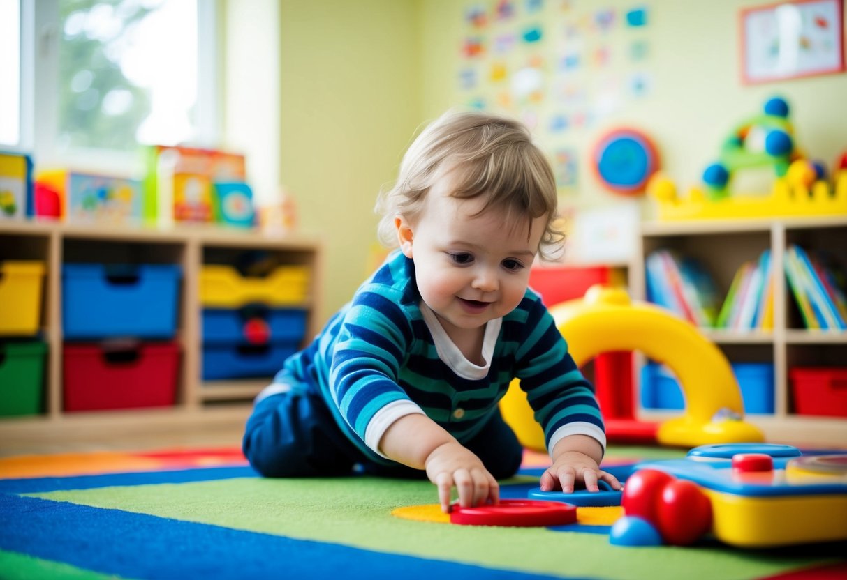 Ein spielerischer Kleinkind erkundet eine bunte, kinderfreundliche Umgebung mit Spielzeugen, Büchern und interaktiven Lernmaterialien.