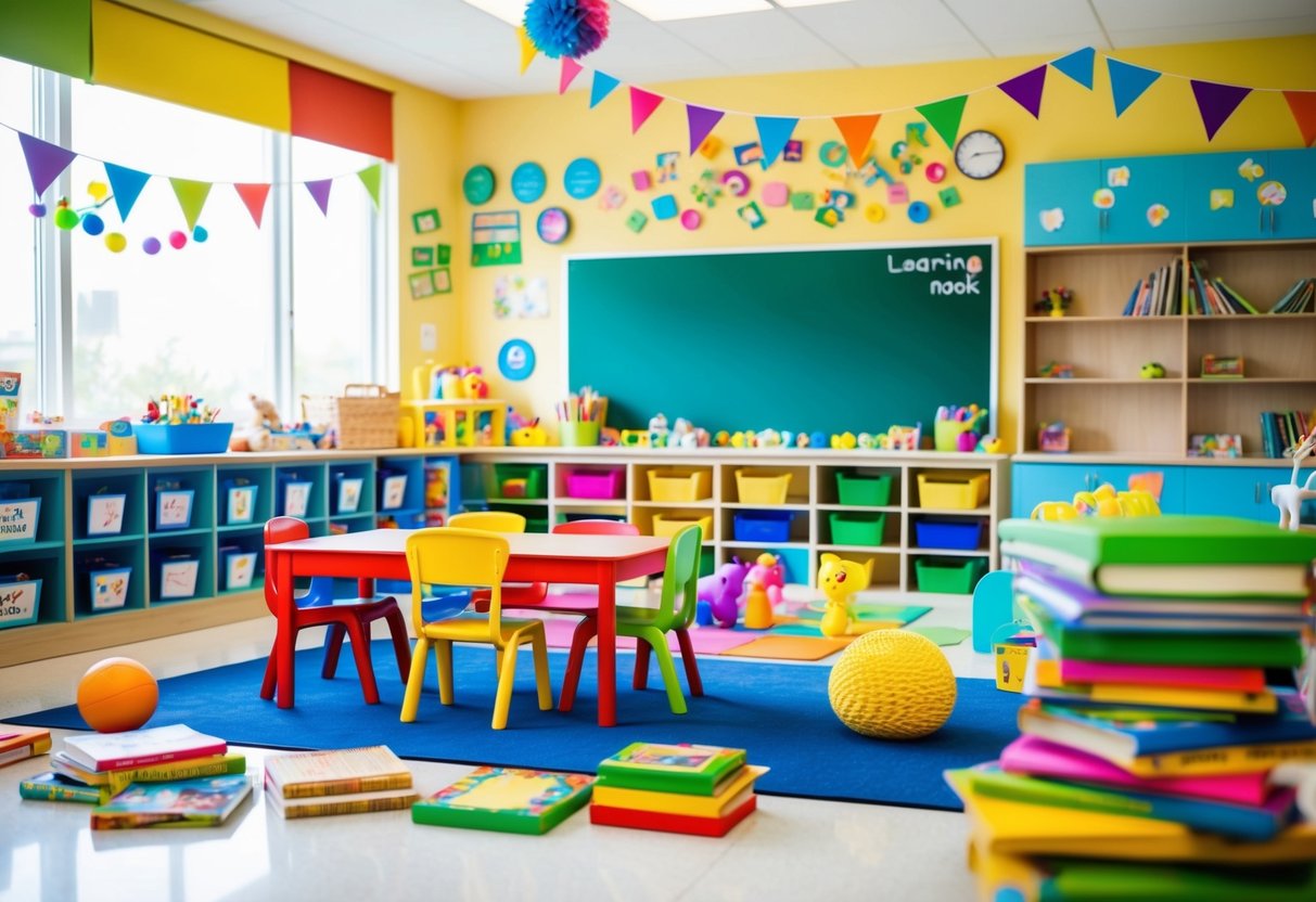 Ein farbenfrohes und spielerisches Klassenzimmer mit verschiedenen Lernspielzeugen, Büchern und Lernmaterialien, die überall verteilt sind. Helle und fröhliche Dekoration mit einer gemütlichen Leseecke.