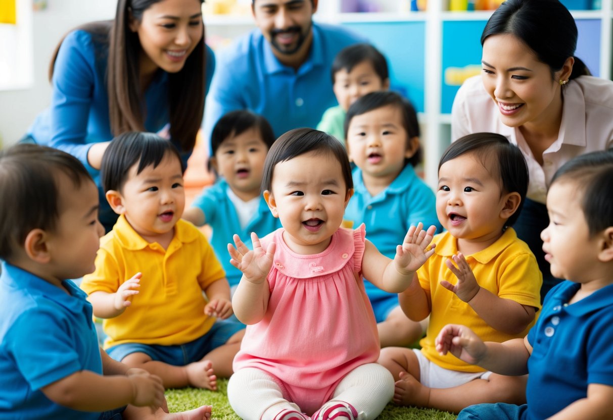 Eine Gruppe von Kleinkindern kommuniziert auf verschiedene Weisen, wie zum Beispiel durch Sprechen, Gestikulieren und Mimik, während Erwachsene sie beobachten und mit ihnen interagieren.