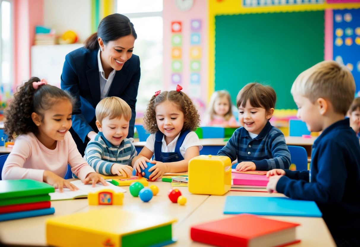 Eine Gruppe von Kindern spielt fröhlich mit Spielzeug und Büchern in einem bunten und einladenden Klassenzimmer, während eine Lehrerin sie sanft in die neue Schulumgebung einführt.