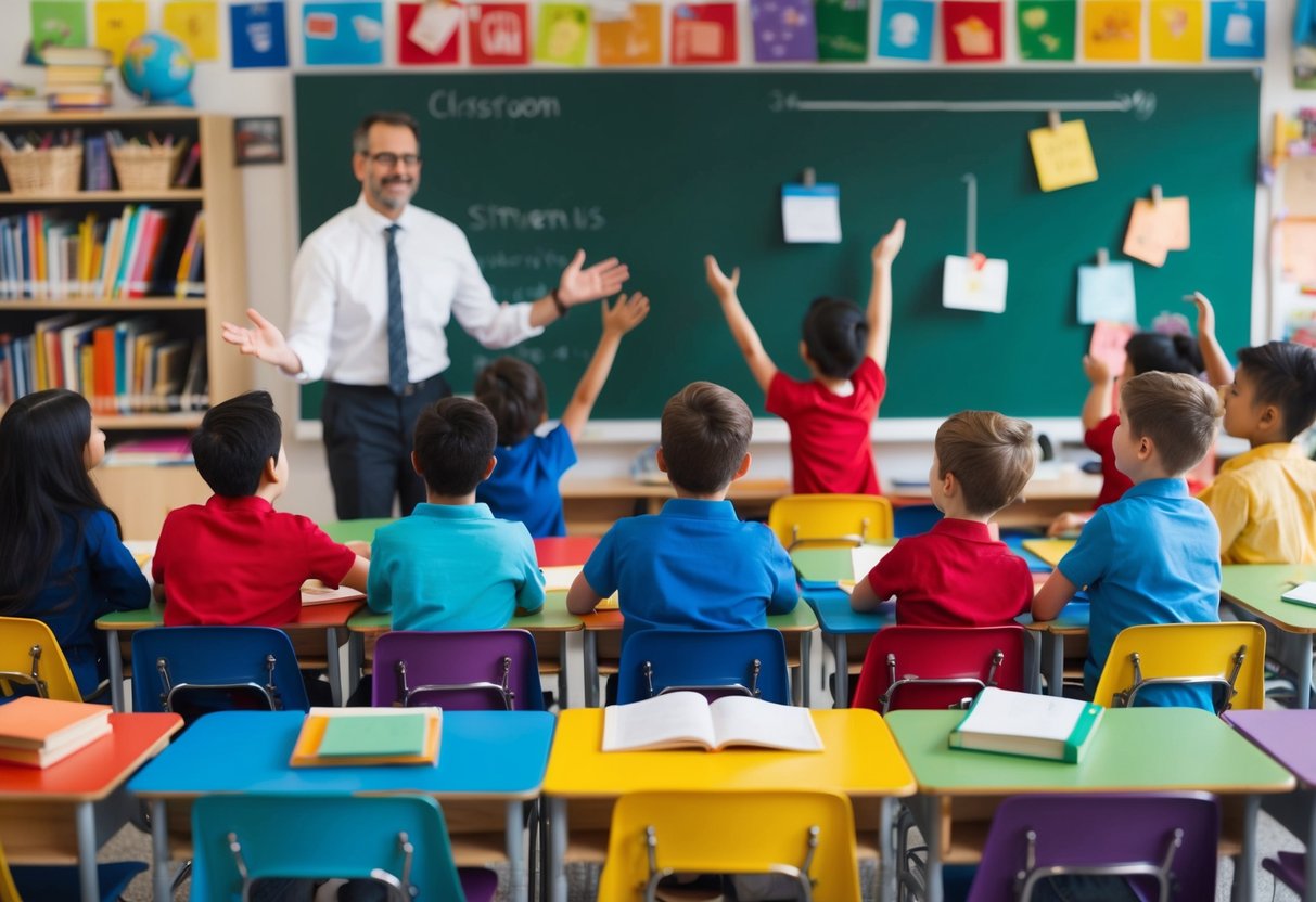 Ein Klassenzimmer mit bunten Tischen, Büchern und Lehrmaterialien. Ein Lehrer, der junge Schüler mit offenen Armen willkommen heißt.