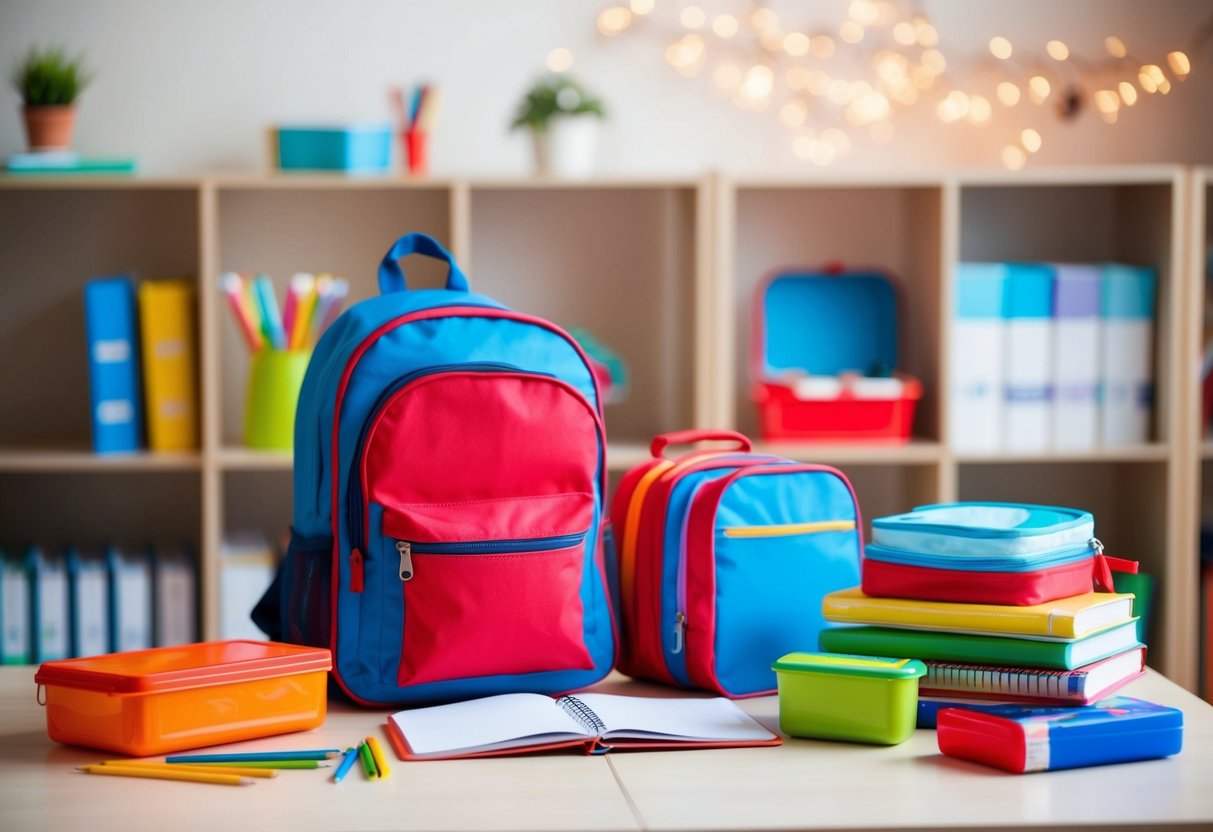 Ein Rucksack, eine Brotdose und Schulmaterialien eines Kindes liegen auf einem Tisch, bereit für den ersten Schultag.
