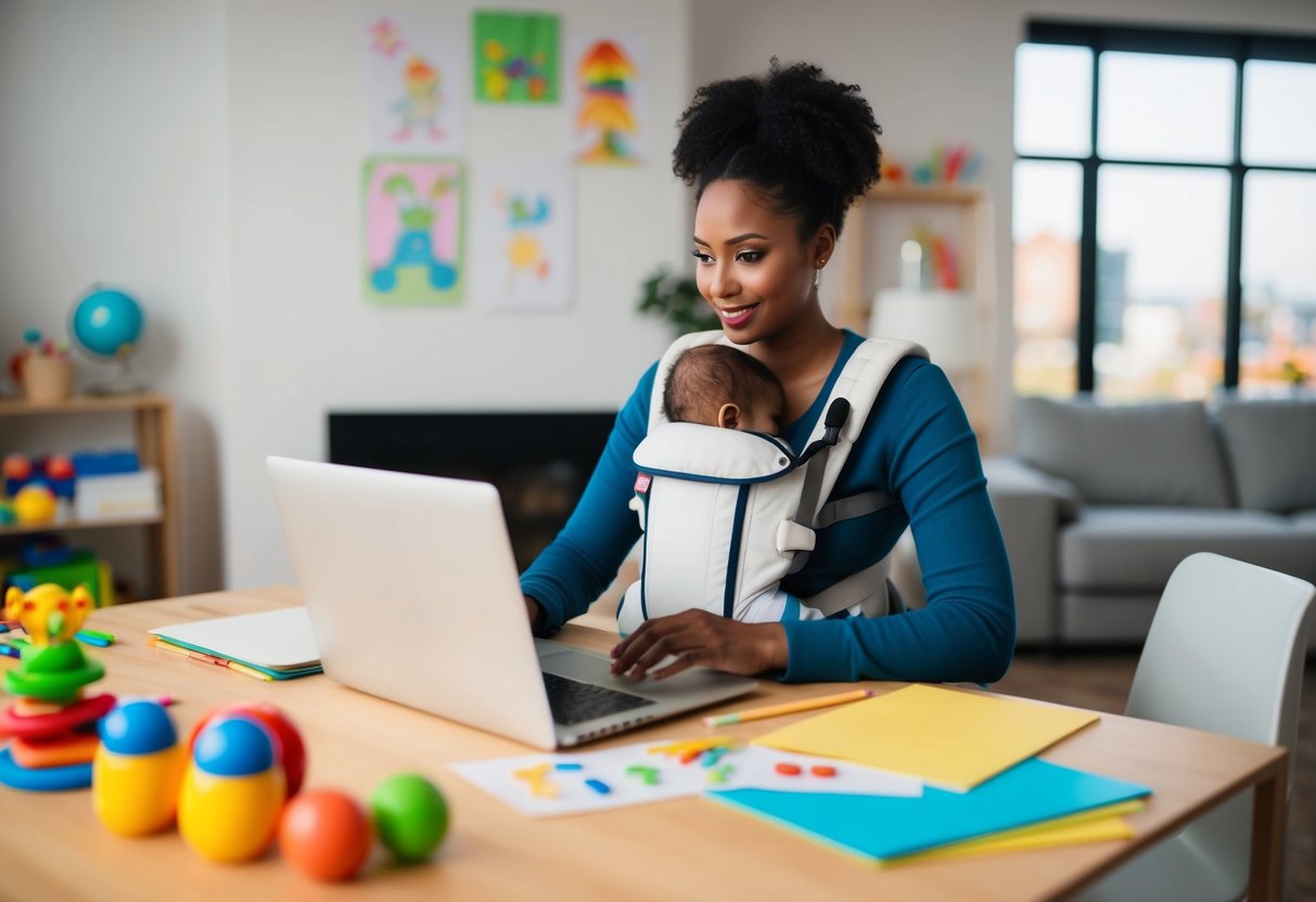 Ein Elternteil, der an einem Schreibtisch mit einem Laptop arbeitet, umgeben von Spielzeug und Kinderzeichnungen, während er auch eine Aktentasche und eine Babytrage hält.