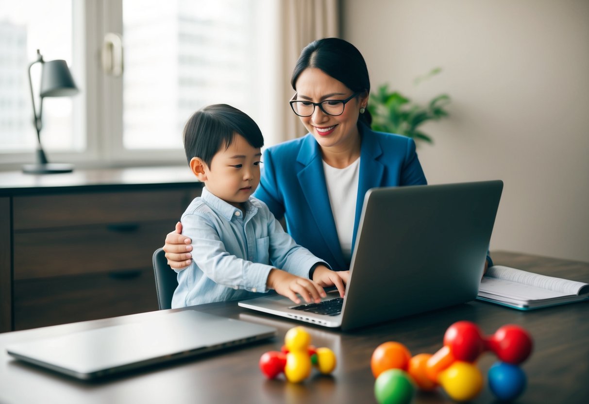 Ein Elternteil, der an einem Schreibtisch mit einem Laptop arbeitet, während ein Kind in der Nähe mit Spielzeug spielt. Die Szene zeigt das Gleichgewicht zwischen Familie und Karriere.