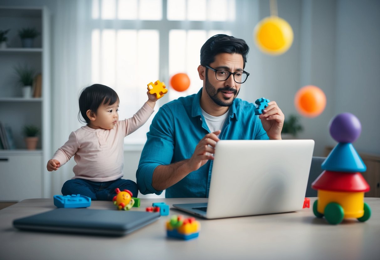 Ein Elternteil, der Arbeit und Kinderbetreuung jongliert, mit einem Laptop auf der einen Seite und Spielzeug auf der anderen, was die Herausforderungen und Lösungen des Gleichgewichts zwischen Elternschaft und Karriere symbolisiert.