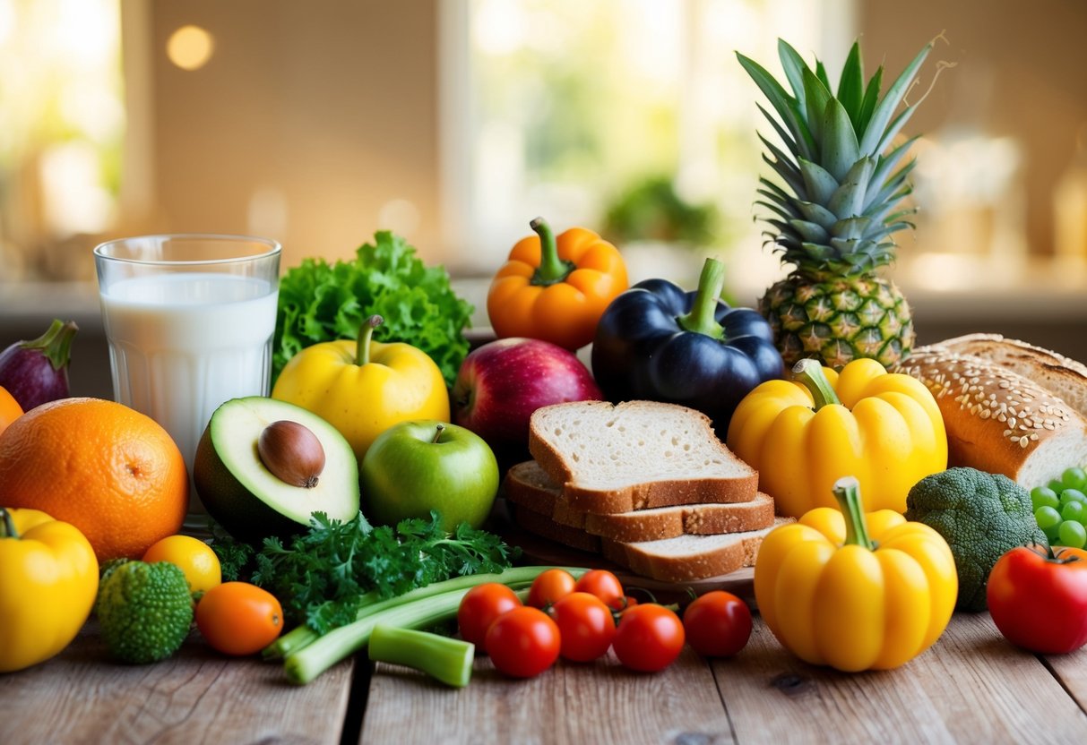 Eine bunte Auswahl an frischem Obst und Gemüse, die auf einem Tisch angeordnet sind, mit einem Glas Milch und Vollkornbrot.