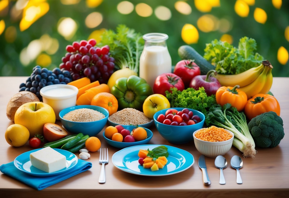 Eine bunte Auswahl an Früchten, Gemüse, Getreide und Milchprodukten, die auf einem Tisch angeordnet sind, mit einem kindgerechten Teller und Besteck in der Nähe.