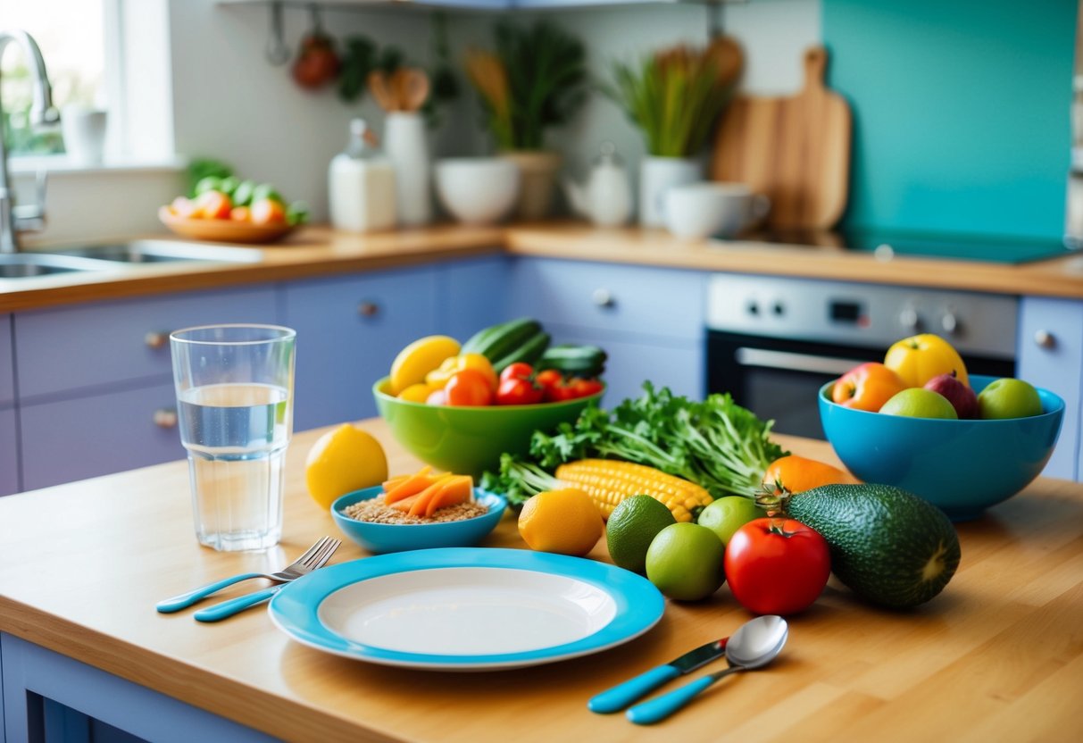 Eine bunte Küche mit frischen Früchten, Gemüse und Vollkornprodukten auf der Arbeitsplatte. Ein kindgerechtes Teller und Besteck sind auf dem Tisch neben einem Glas Wasser gestellt.