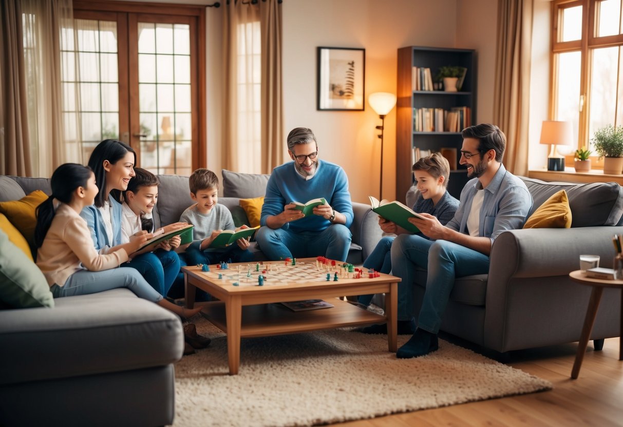 Ein gemütliches Wohnzimmer mit einer Familie, die gemeinsam Brettspiele spielt und Bücher liest, umgeben von warmem Licht und bequemen Möbeln.