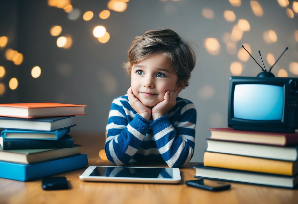 Ein Kind, umgeben von verschiedenen Mediengeräten wie einem Tablet, Fernseher und Büchern, mit einem nachdenklichen Ausdruck.
