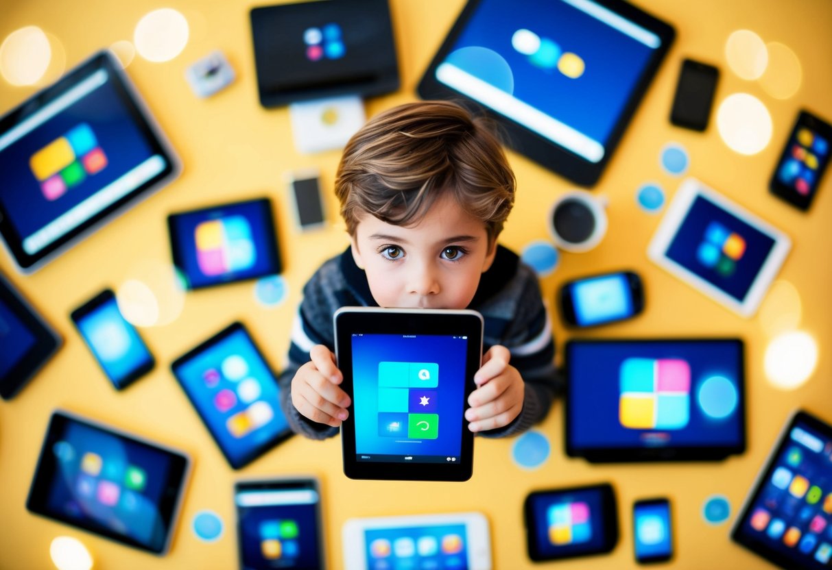 Ein Kind, umgeben von verschiedenen Mediengeräten wie Tablets, Fernsehern und Smartphones, mit einem Ausdruck intensiver Konzentration und Engagement.