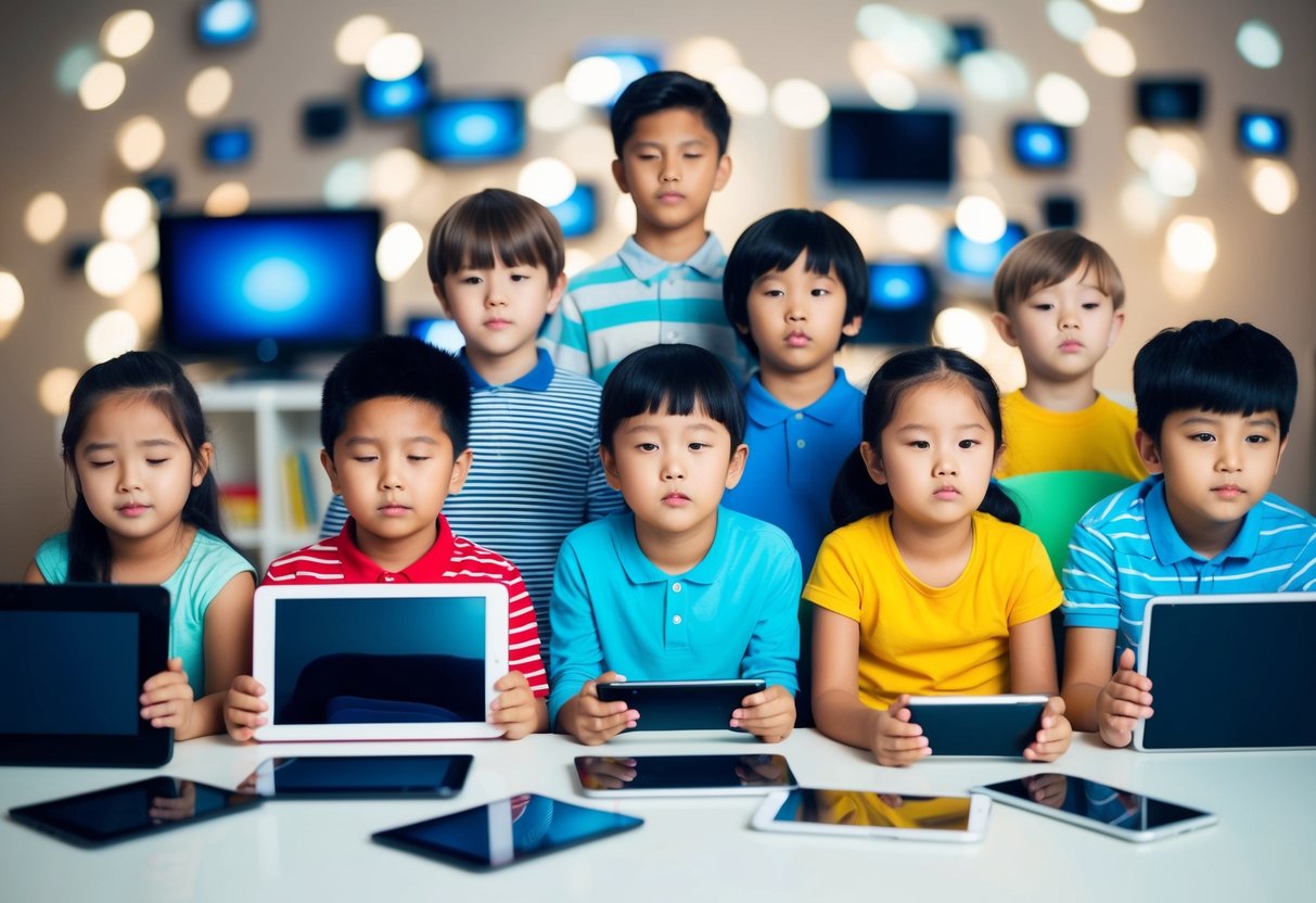 Eine Gruppe von Kindern, umgeben von verschiedenen Arten von Mediengeräten wie Fernsehern, Tablets und Smartphones, mit leeren Gesichtsausdrücken.