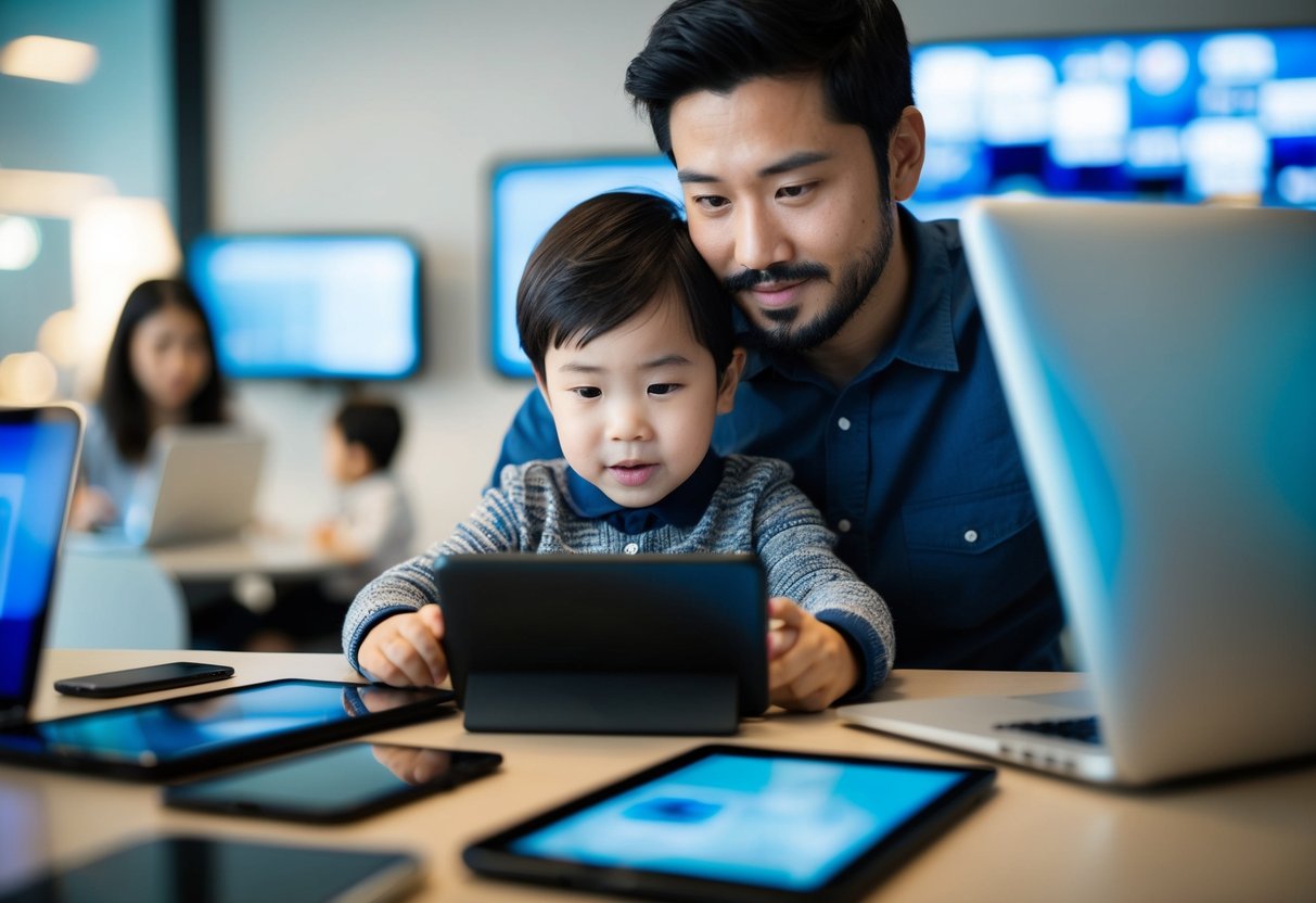 Ein Kind, das mit digitalen Geräten interagiert, während ein Elternteil zuschaut, umgeben von Technologie und Bildschirmen.