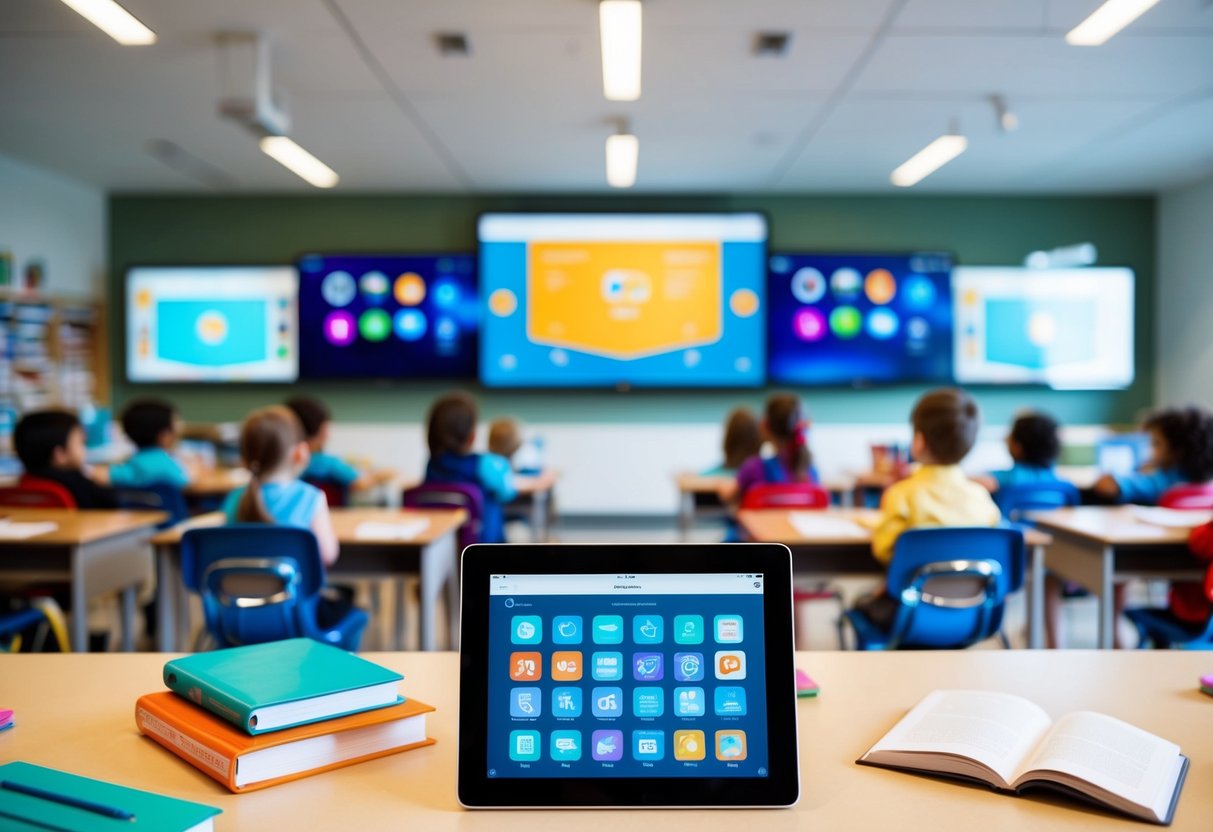 Ein modernes Klassenzimmer mit digitalen Geräten und interaktiven Bildschirmen, umgeben von Büchern und Lehrmaterialien