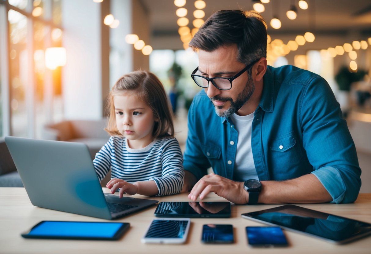 Ein Elternteil und ein Kind navigieren durch ein Labyrinth digitaler Geräte und suchen nach Balance und Verständnis im digitalen Zeitalter.