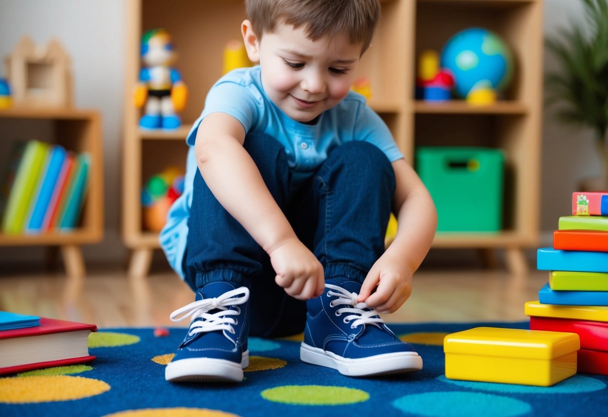 Ein Kind, das selbstbewusst seine eigenen Schuhe bindet, umgeben von bunten Spielzeugen und Büchern.