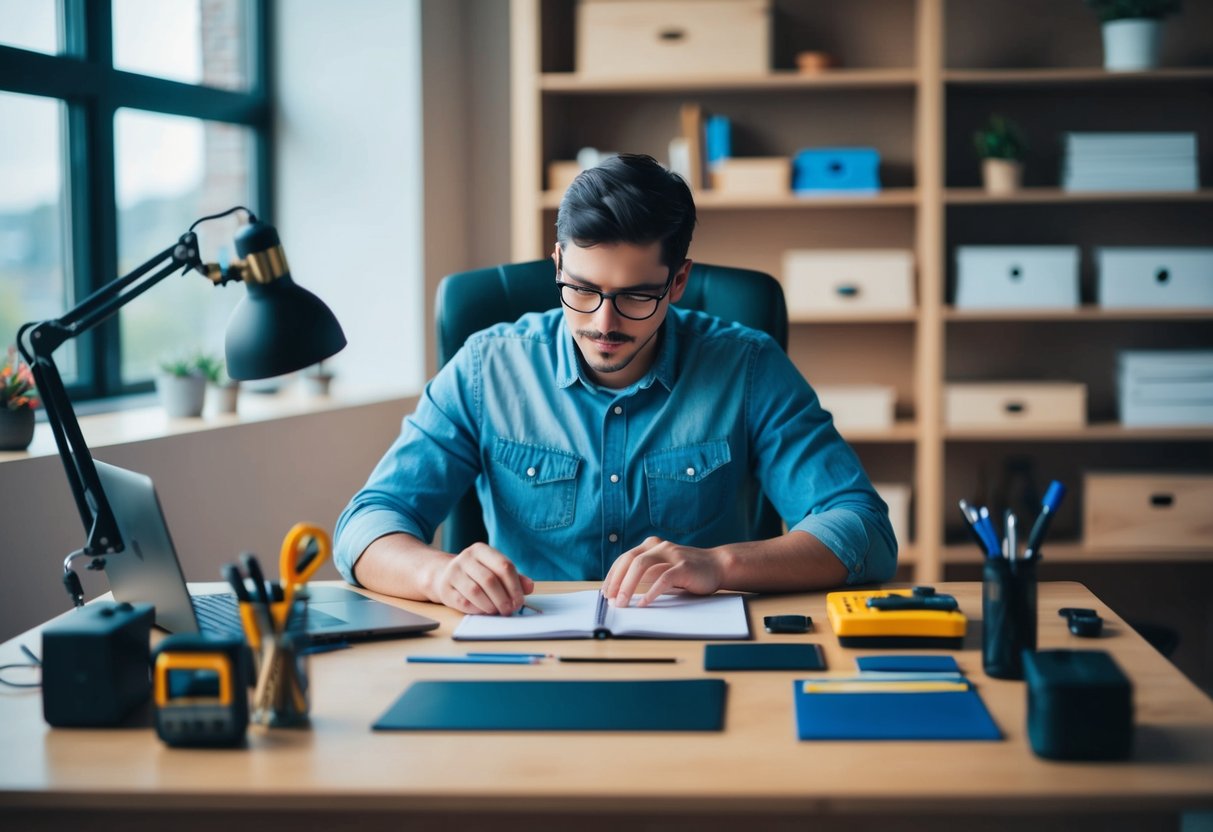 Eine Person, die unabhängig an einem Schreibtisch arbeitet, umgeben von Werkzeugen und Ressourcen, und Selbstständigkeit sowie Autonomie demonstriert.
