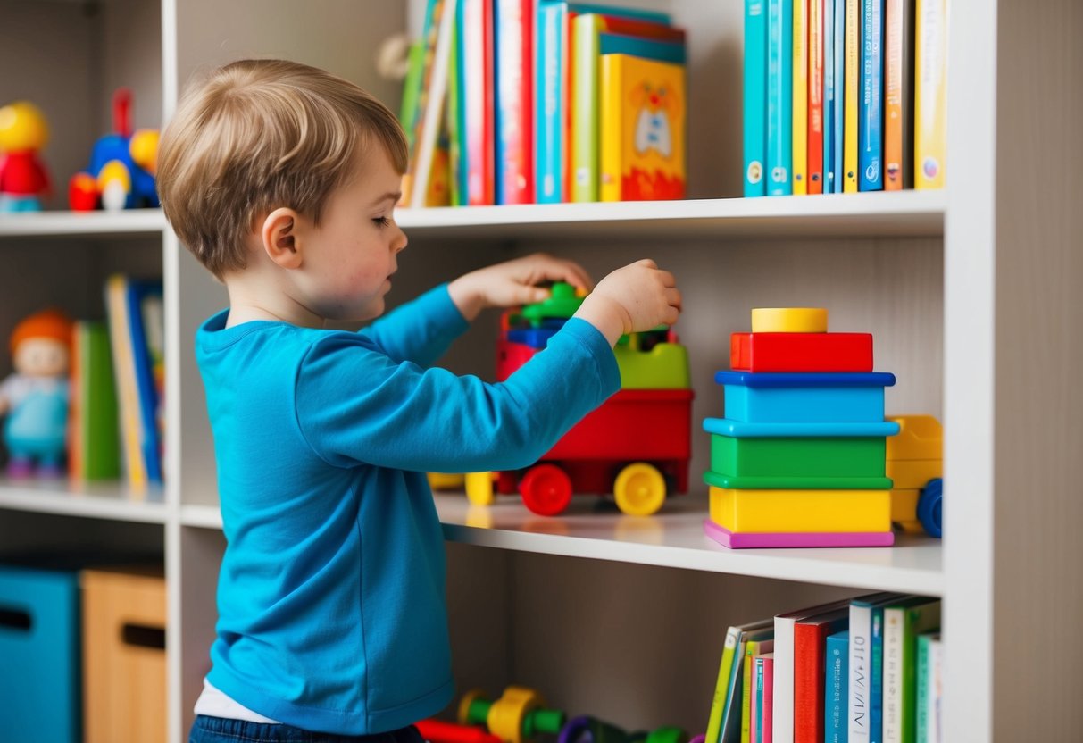 Ein Kind, das eigenständig Spielzeug und Bücher in einem Regal erkundet und organisiert.
