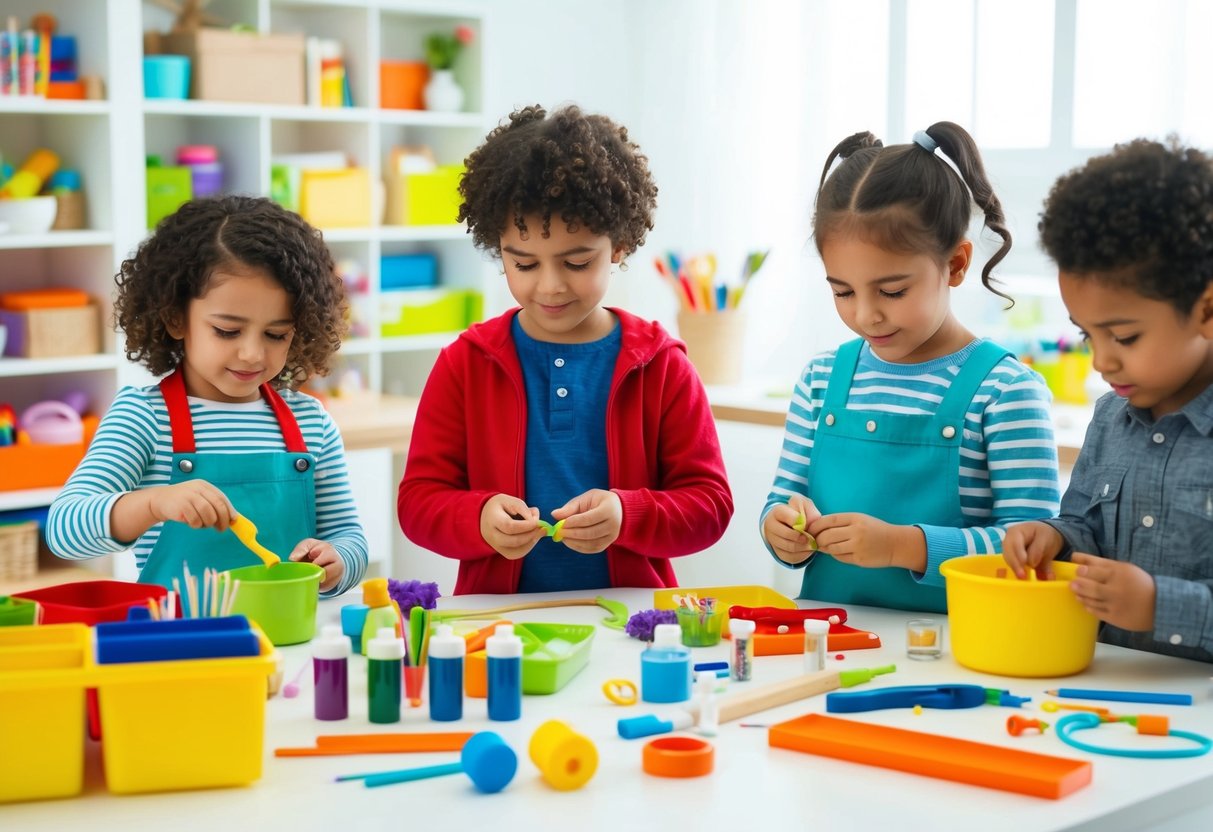 Kinder basteln, umgeben von bunten Materialien und Werkzeugen in einem hellen, organisierten Raum