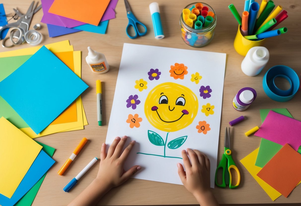 Ein Tisch mit buntem Papier, Kleber, Scheren, Markern und anderen Bastelmaterialien, die herumliegen. Eine Kinderzeichnung einer lächelnden Sonne und Blumen auf dem Papier.