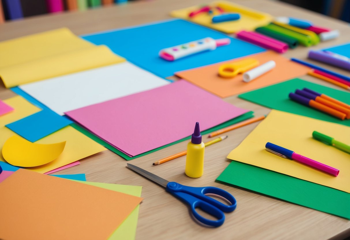 Eine bunte Auswahl einfacher Bastelmaterialien, die auf einem Tisch verstreut sind, darunter Papier, Kleber, Scheren und Marker, bereit für Kinder, um ihre eigenen Projekte zu erstellen.