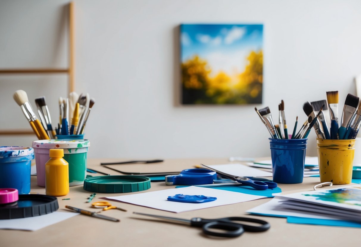 Ein Tisch mit verstreuten Kunstmaterialien, darunter Farbe, Pinsel, Papier und Scheren. Ein fertiges Gemälde hängt an der Wand.