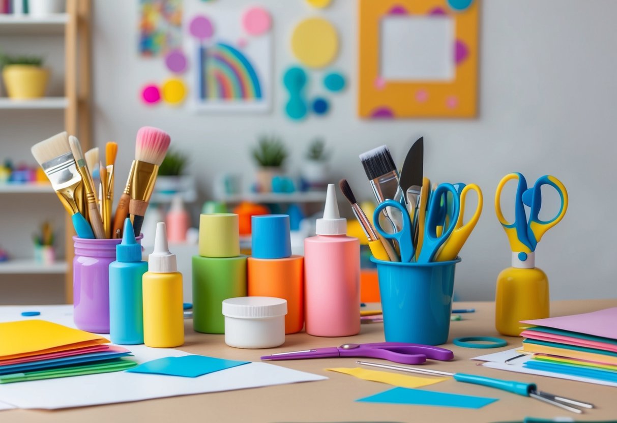 Ein Tisch mit verschiedenen Kunstmaterialien wie Farben, Pinseln, Papier, Scheren und Kleber. Ein bunter und organisierter Arbeitsbereich für DIY-Kunstprojekte.