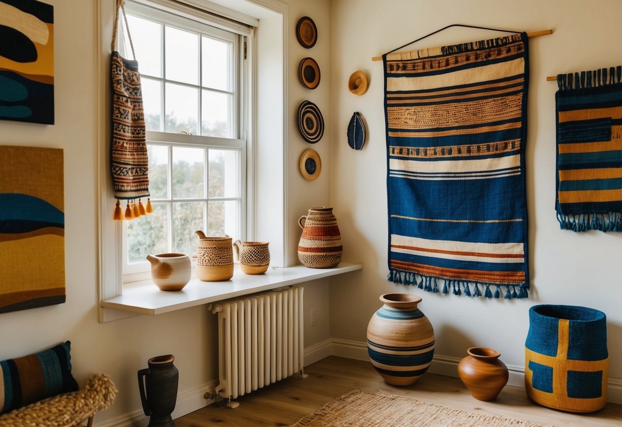 Ein gemütlicher Raum mit handgemachter Kunst an den Wänden, darunter abstrakte Gemälde, gewebte Wandteppiche und Töpfer-Skulpturen. Natürliches Licht strömt durch das Fenster und wirft ein warmes Licht auf den kreativen Raum.