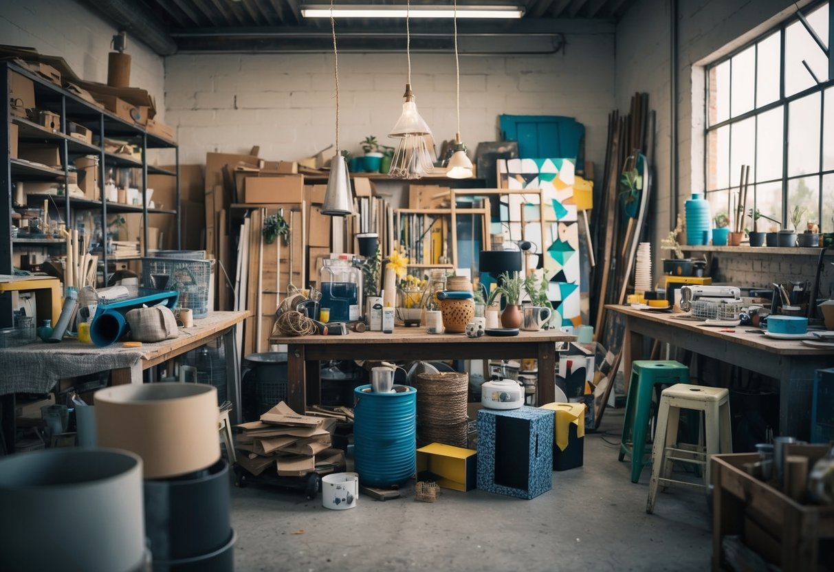 Eine überfüllte Werkstatt mit verworfenen Materialien, die in Kunst- und Wohnaccessoires verwandelt wurden, zeigt das Konzept des Upcyclings und der kreativen Wiederverwendung.