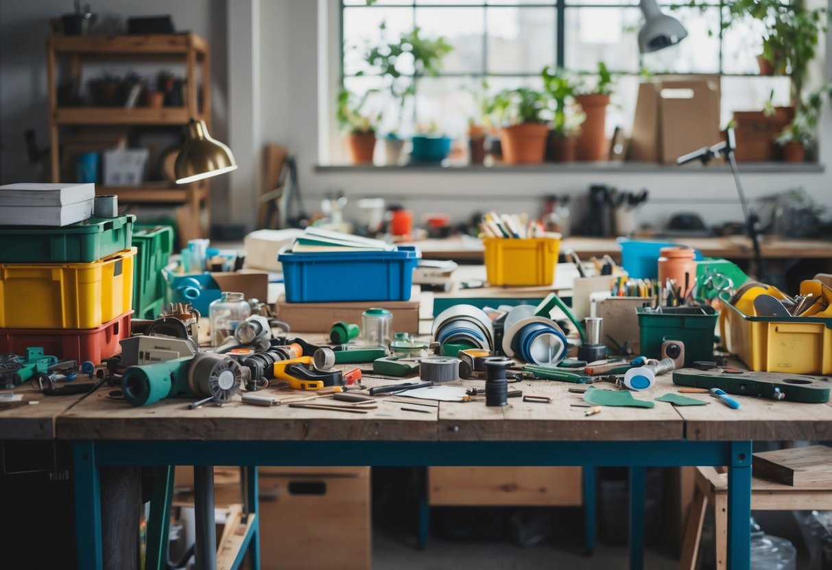 Ein überladener Arbeitstisch mit verschiedenen recycelten Materialien und Werkzeugen für Upcycling-Projekte