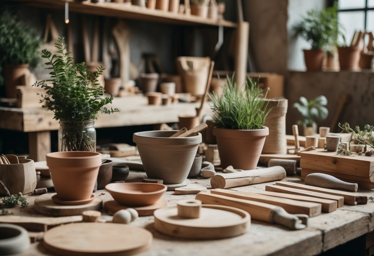 Eine rustikale Werkstatt, gefüllt mit natürlichen Materialien wie Holz, Ton und Pflanzen. Werkzeuge und fertige Handarbeiten sind im Raum verstreut.