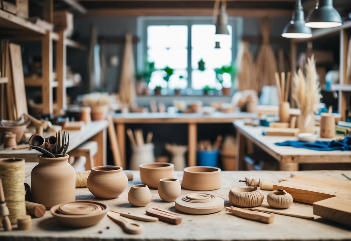 Eine ruhige Werkstatt, gefüllt mit natürlichen Materialien wie Holz, Ton und Fasern. Werkzeuge und fertige Handarbeiten sind im Raum verstreut.