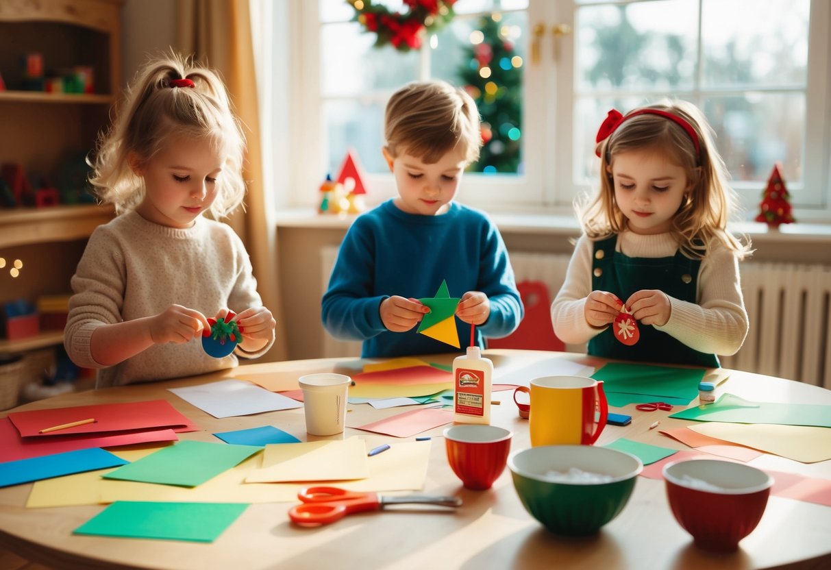 Kinder basteln Feiertagsdekorationen in einem gemütlichen, sonnendurchfluteten Raum mit buntem Papier, Kleber und Scheren, die über den Tisch verteilt sind.