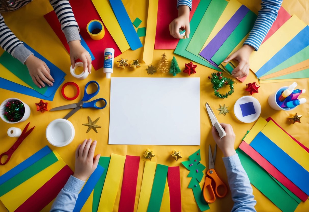 Ein Tisch, bedeckt mit buntem Papier, Kleber, Scheren und festlichen Dekorationen. Eine Gruppe von Bastelmaterialien für Kinder liegt verstreut herum.