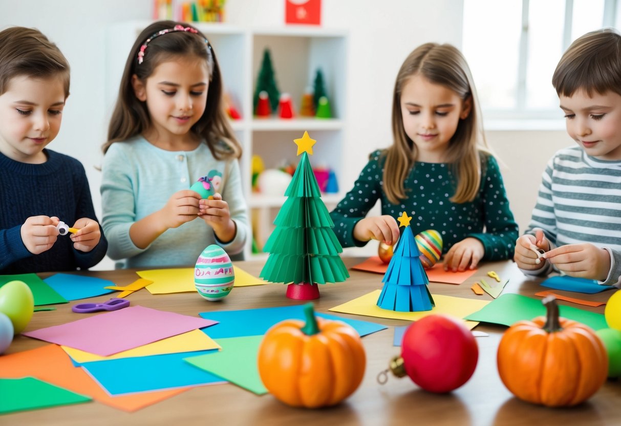 Kinder basteln Feiertagsdekorationen mit buntem Papier, Kleber und Scheren. Ostereier, Weihnachtsbäume und Halloween-Kürbisse liegen verstreut auf dem Tisch.
