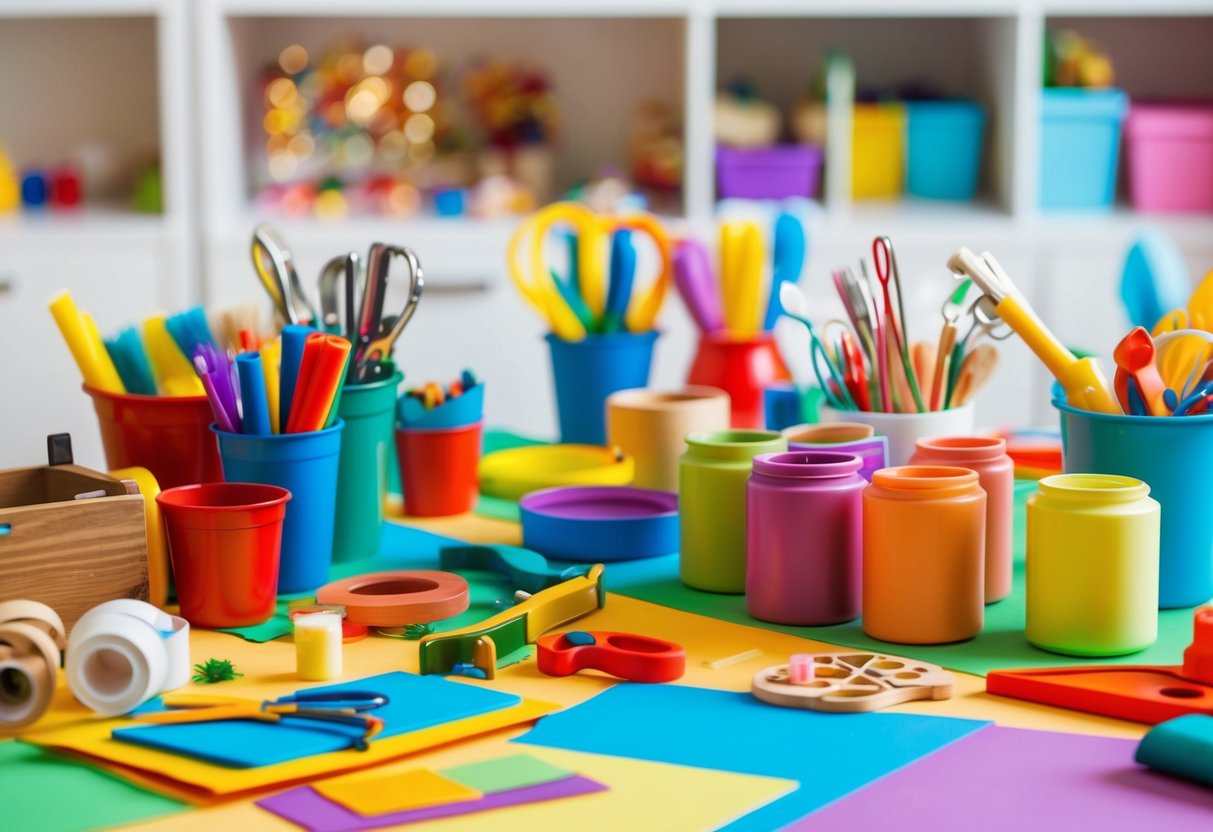 Ein bunter Tisch, der mit verschiedenen Bastelmaterialien und Werkzeugen für die Handwerksprojekte von Kindern gefüllt ist.
