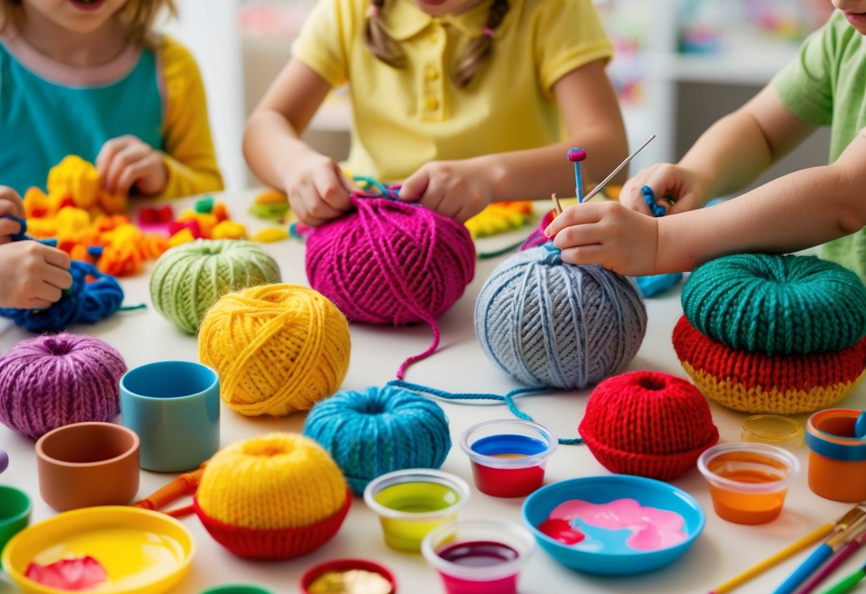 Eine bunte Auswahl an altersgerechten Handwerksprojekten für Kinder, einschließlich Stricken, Nähen und Malen