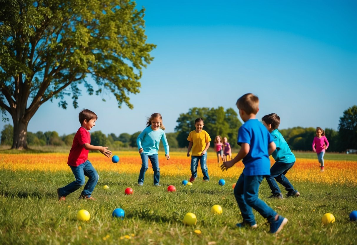 Kinder spielen im Freien Spiele auf einem bunten, offenen Feld mit Bäumen und einem strahlend blauen Himmel.