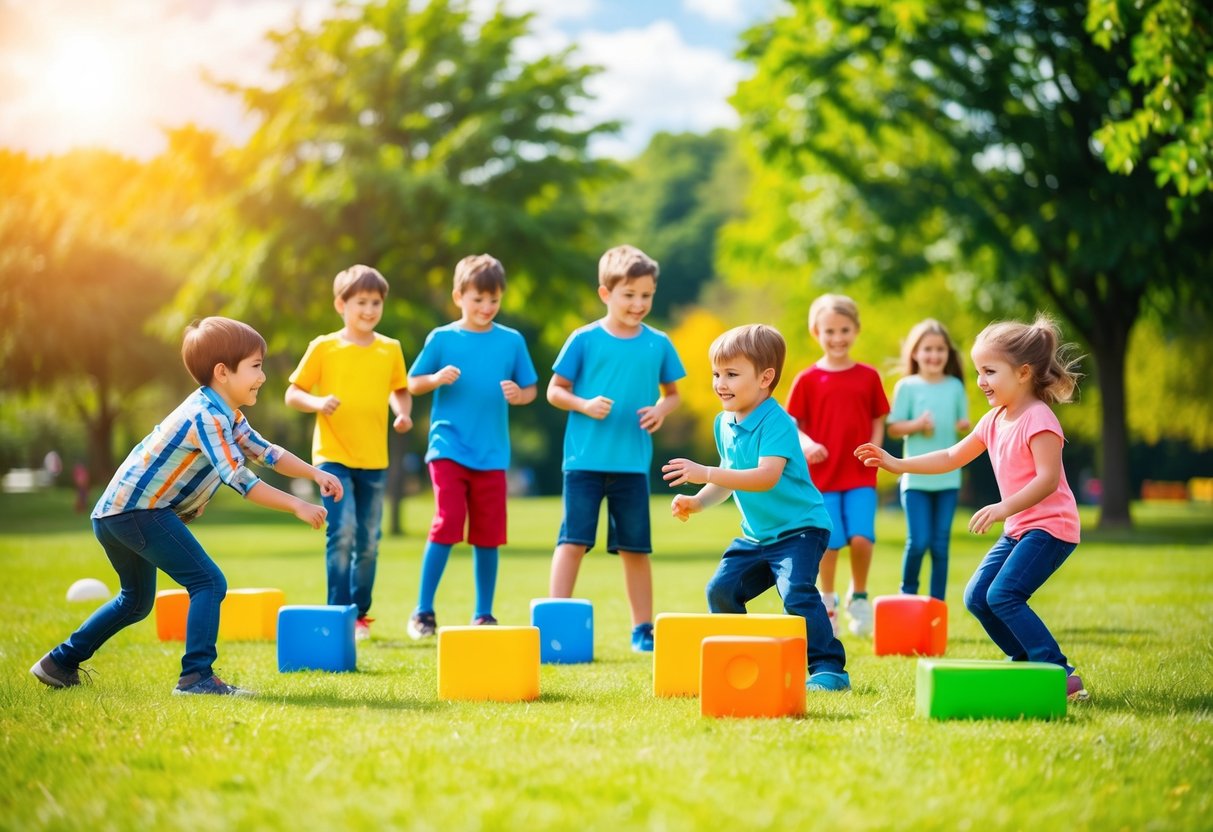 Eine Gruppe von Kindern, die verschiedene Spiele im Freien in einem bunten und lebhaften Park spielen, mit Bäumen, Gras und einem sonnigen Himmel im Hintergrund.