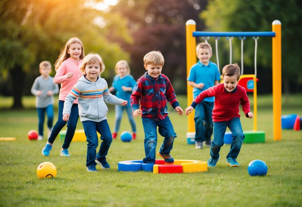 Kinder verschiedenen Alters spielen im Freien Spiele in einem Park, mit bunten Geräten und natürlichen Elementen im Hintergrund.
