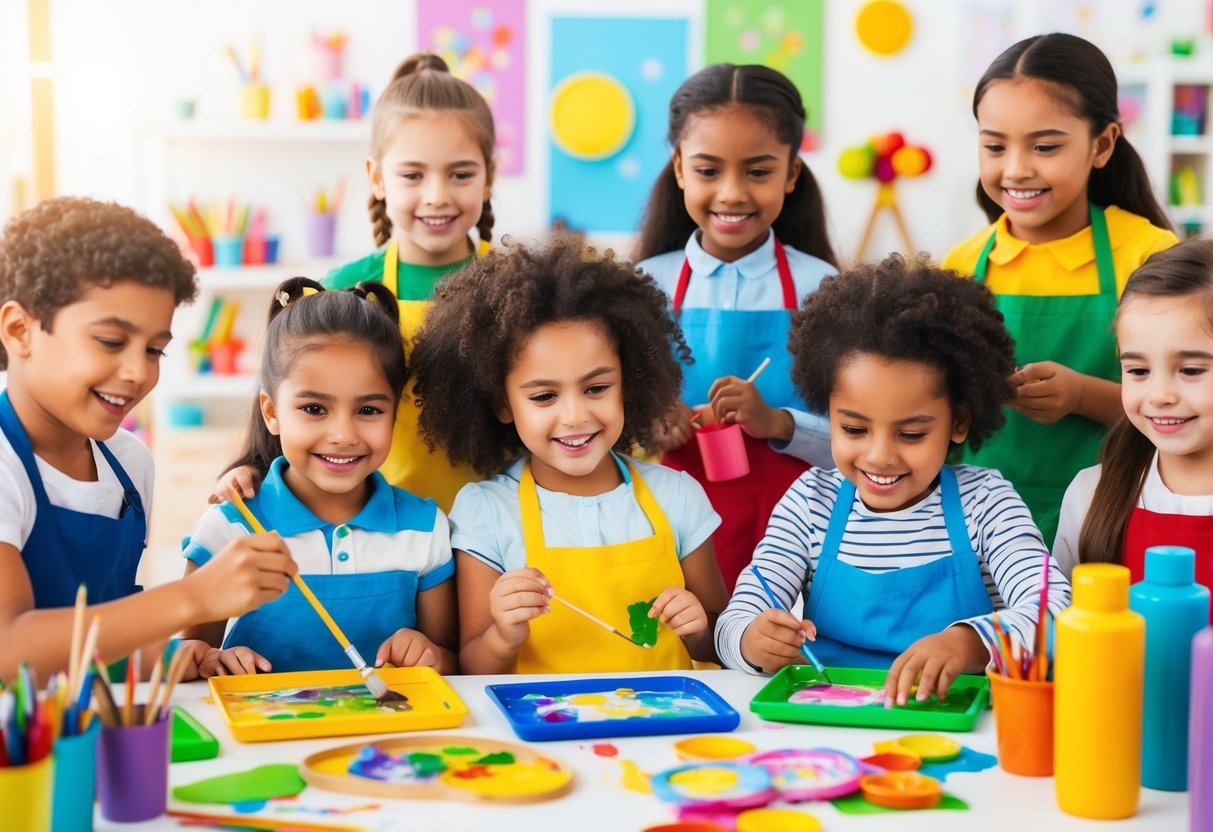 Eine Gruppe von Kindern beschäftigt sich fröhlich mit verschiedenen Kunstaktivitäten, einschließlich Malen, Zeichnen und Basteln, umgeben von bunten Materialien und fröhlicher Dekoration.