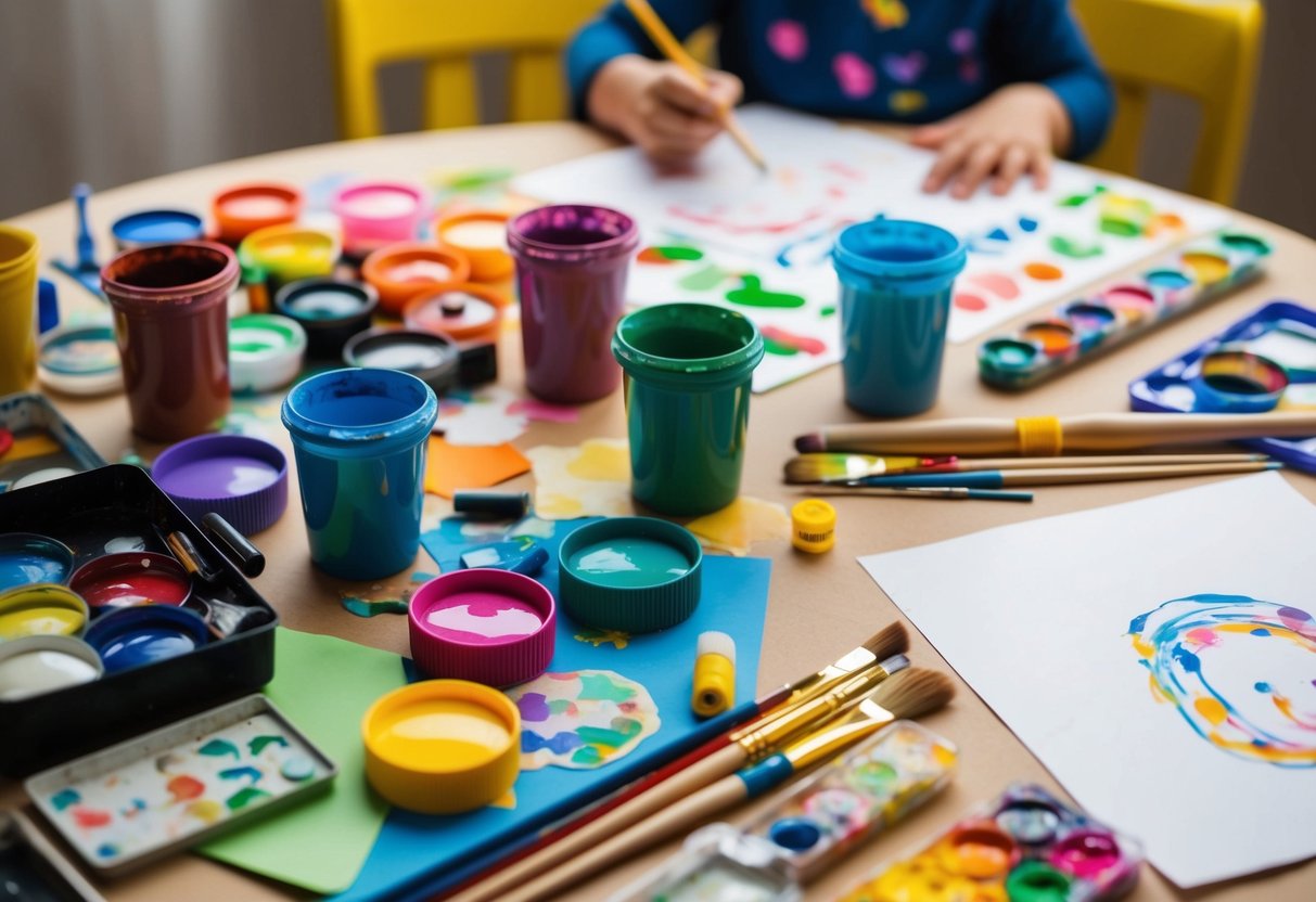 Eine bunte Auswahl an Kunstmaterialien, die auf einem Tisch verstreut sind, einschließlich Farben, Pinsel und Papier, mit einer Zeichnung eines Kindes, die in Arbeit ist.