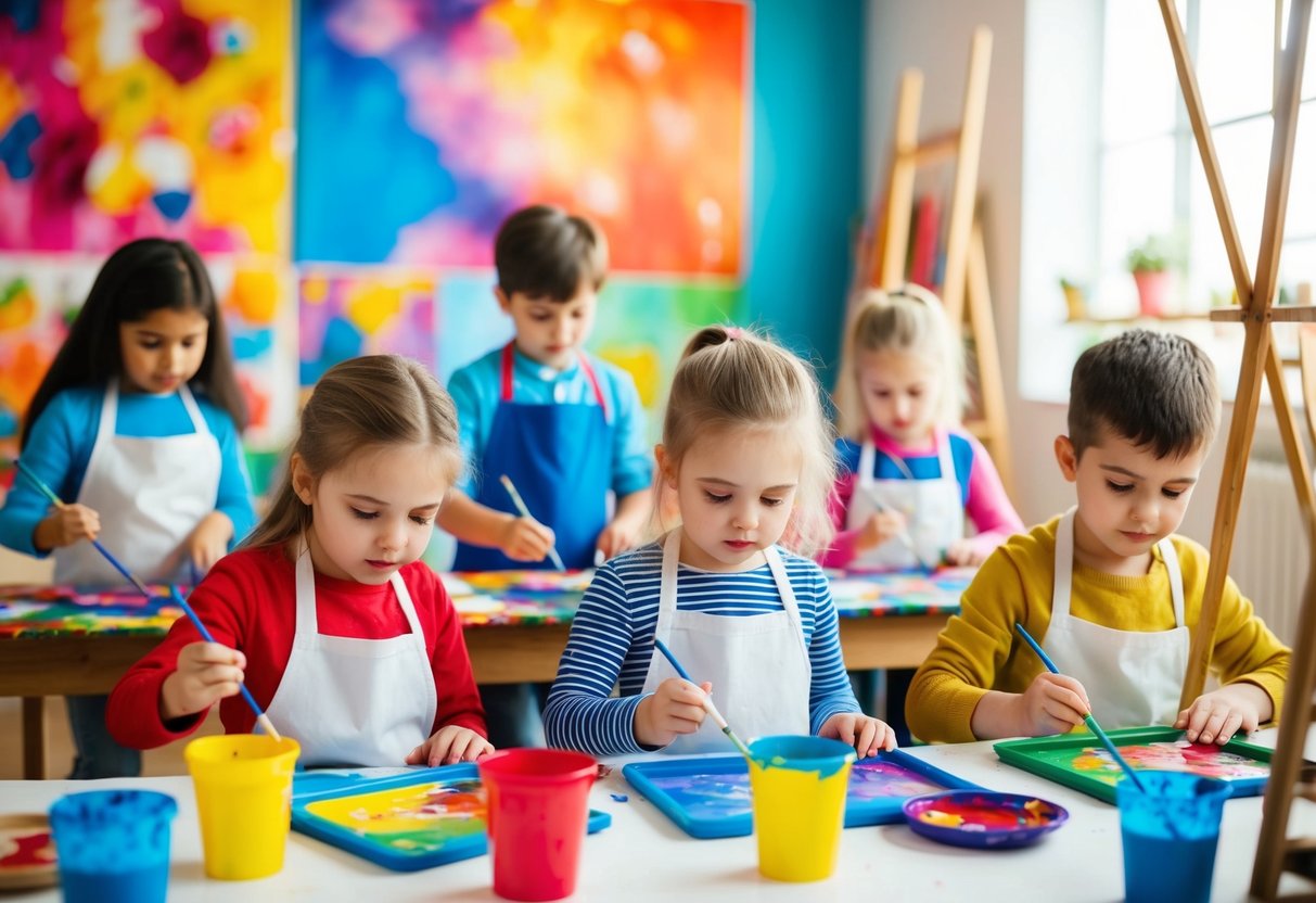 Kinder verschiedenen Alters beschäftigen sich in einem bunten und lebhaften Kunststudio mit Mal- und Zeichenaktivitäten.