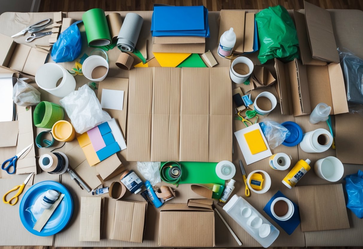 Ein Tisch, der mit verschiedenen recycelten Materialien bedeckt ist, darunter Pappe, Papier und Plastik, umgeben von Scheren, Kleber und Farbe.